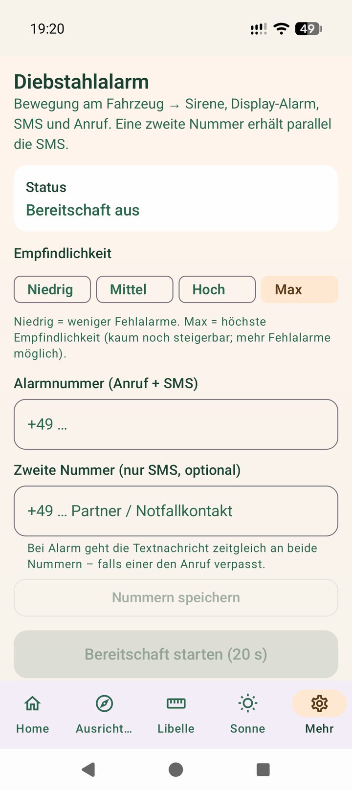 NivoCamper Diebstahlalarm Einstellungen